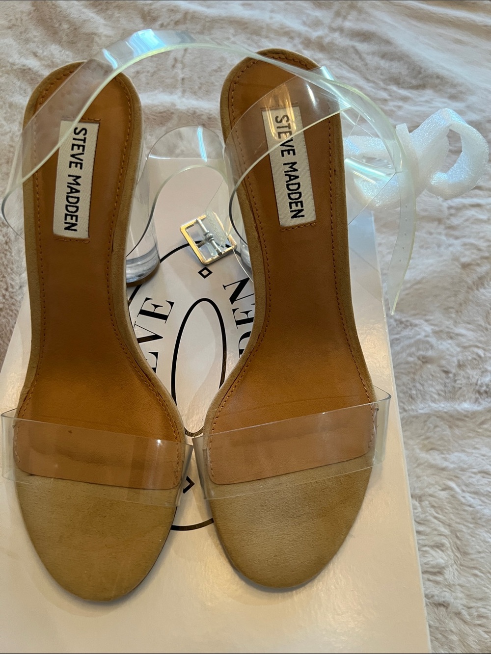 Steve Madden Clear Strap Tan Block Heel Sandals
